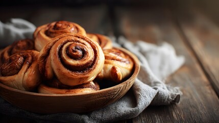 Fototapeta premium Freshly baked sweet rolls with cinnamon filling rest in a rustic wooden bowl.