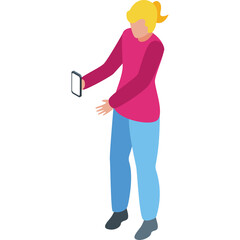 Blonde Woman In Pink Sweater And Blue Jeans Holding Up A Smartphone With One Hand And Reaching Out Other Hand In Front Of Her On Transparent Background