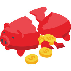 Broken Red Piggy Bank Spilling Gold Coins Symbolizing Financial Loss and Economic Crisis in a Studio Setting