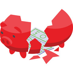 Broken Red Piggy Bank With Dollar Bills Visible Through The Cracks In A Studio Setting With Minimalist Design