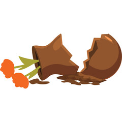 Broken Terracotta Pot with Orange Flowers Lying on the Ground Transparent Background