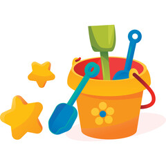 Brightly Colored Beach Bucket and Spade Toy Set with Yellow Stars on a Transparent Background Ideal for Childrens Summer Play and Creative Activities