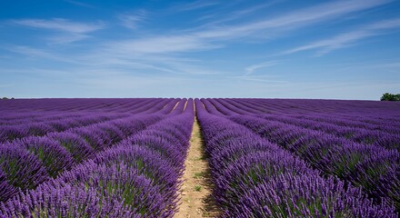 Vast Lavender Field Under a Bright Blue Sky with Wispy Clouds.