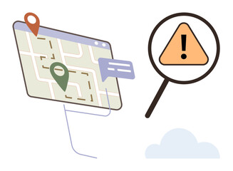 Digital map interface featuring location markers, magnifying glass highlighting a warning symbol, and message bubbles. Ideal for navigation, risk assessment, exploration, travel planning, problem