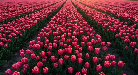 Vibrant Field of Red Tulips in Full Bloom, Netherlands.