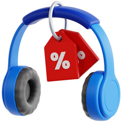 3D illustration of Headphones With Discount Tag for digital shops, UI design, apps, marketplaces, showcasing online shopping visuals HD.