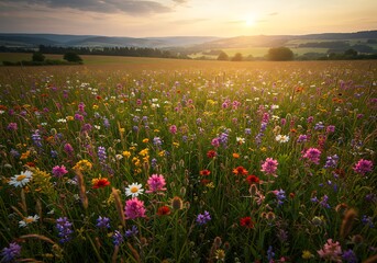 Vibrant wildflower meadow bathed in golden sunset light, peaceful scene.