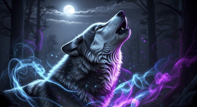 Spirit Wolf' Call: A Luminous Howl in a Magical Night Forest with Ethereal Blue and Purple Glow