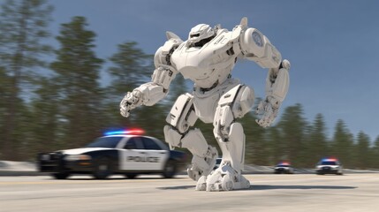 Robot in Pursuit on a Highway With Police Cars and Flashing Lights During a Daytime Scene