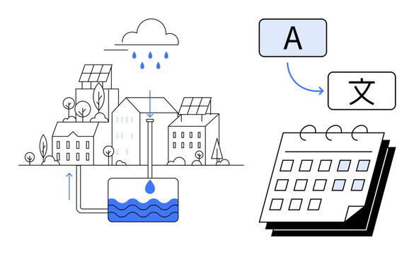 Solar-powered city with water conservation system, multilingual translation, and calendar planning. Ideal for sustainability, green energy, urban planning, education, technology, climate change