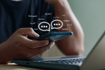 Person holding a smartphone with floating multilingual chat icons, symbolizing AI-powered...