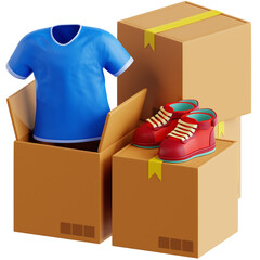 Professionally rendered 3D icon pack showcasing sneakers, T-shirts, and delivery boxes with QR codes, perfect for modern e-commerce visuals.