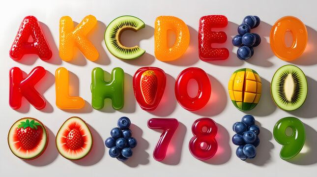 A creative flat lay of a colorful gummy candy alphabet and numbers mixed with real fresh fruit for a fun and healthy learning concept