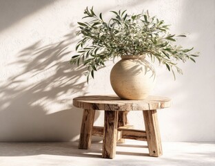 Rustic wooden stool holds a vase with greenery and casts shadows.