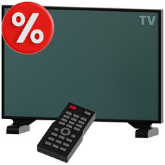 Professionally rendered 3D icon pack of TV with discount tags, perfect for e-commerce, electronics sales, and online shopping visuals.