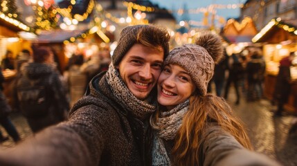 Couple taking a selfie on a street with Christmas decorations at night