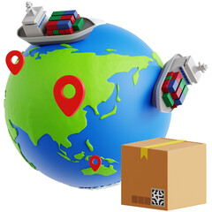 Professionally rendered 3D icon pack illustrating worldwide shipping and global e-commerce logistics with detailed visuals for modern online business concepts.