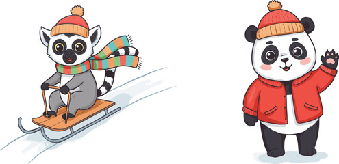 Cute cartoon lemur sledding in winter snow, adorable panda waving in red coat, animal illustration, winter holiday season, vector design © MDALRAFIN
