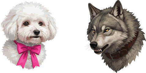 Cute white dog and fierce wolf illustration, detailed animal portrait art, contrast of innocence and wild nature, realistic digital artwork © MDALRAFIN