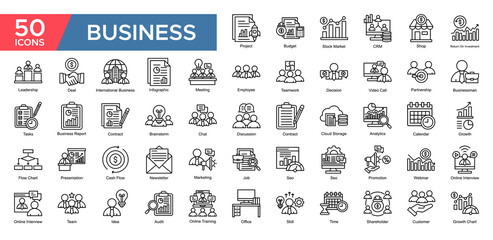 Business collection set. Project, Budget ,Stock Market, Return On Investment, Teamwork, Employee , Leadership, Analytics, icon. Simple Outlinevector illustrati