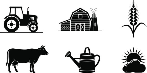 Farming and agriculture icons set with tractor, barn, wheat, cow, watering can, sunrise, and rural farm symbols illustration © MDALRAFIN