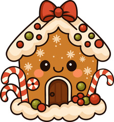 Cute kawaii-style gingerbread house with candy decorations and a smiling face. Perfect for Christmas and holiday designs.