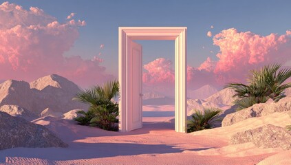 Open doorway in a surreal desert landscape with pink clouds.