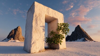 A stone portal frames a serene landscape of snow and mountains.