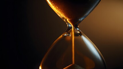 Illuminated fine granular material flows through the narrow neck of a glass timer against a dark background