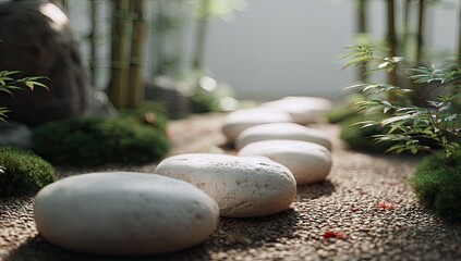 Stepping stones create a garden path through lush moss and bamboo.