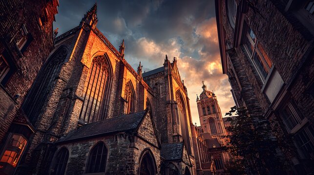 Ornate stone religious structure illuminated dramatically by setting sun against dark clouds - Powered by Adobe