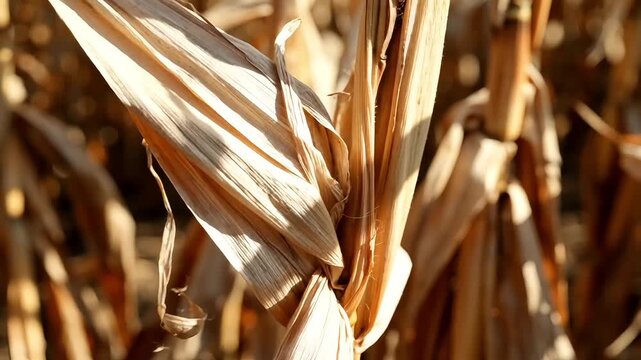 Close-up of tall, dry, brown corn stalks and leaves standing in a field under bright sunlight, ready for harvest in autumn