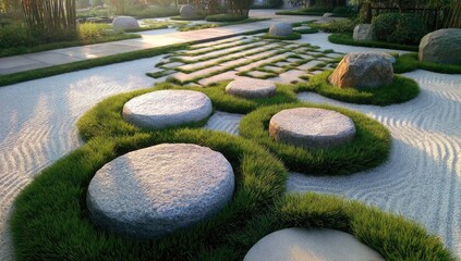 Serene zen garden features stepping stones amid raked sand and lush grass.