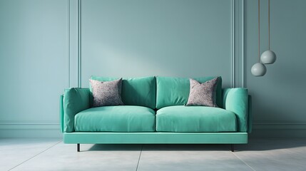 Contemporary living space features a vibrant teal sofa against muted blue paneled walls