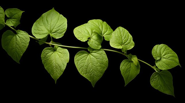Green trailing plant foliage displays distinct heart shaped leaves against a dark background