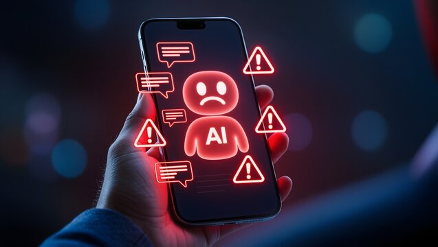 Smartphone displaying AI chatbot error with warning signs and sad robot icon.