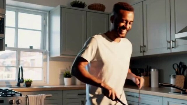 Smiling man dancing while cooking at home kitchen
