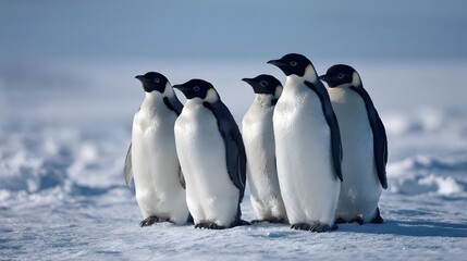 Obraz premium Group of emperor penguins standing together on icy Antarctic terrain