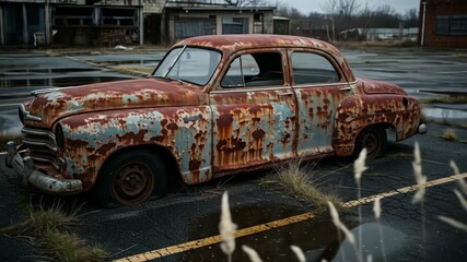 A weathered, rusty car sits on a cracked parking lot in an abandoned setting near broken down structures - Powered by Adobe