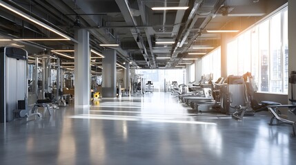 Modern expansive interior space filled with strength and cardiovascular exercise equipment illuminates with bright sunlight