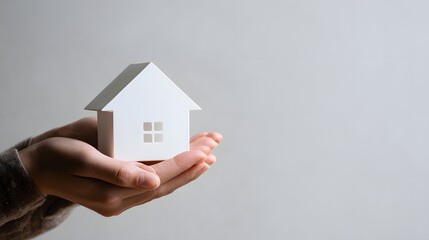 Person's cupped hands gently cradle a miniature white model structure symbolizing shelter