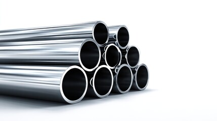 Perspective view of cylindrical metal tubes stacked diagonally, mirror-like surface with high reflectivity, realistic shadows, isolated on white background with ample copy space