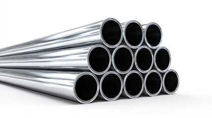 Row of reflective industrial steel pipes arranged in a staggered pattern, clean welding edges and glossy finish, centered composition, white background for engineering visuals
