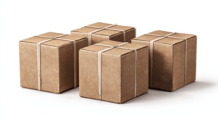 Set of four brown cardboard boxes arranged side by side, sealed with packing tape, shadows on ground, isolated on pure white background, ideal for relocation or delivery visuals