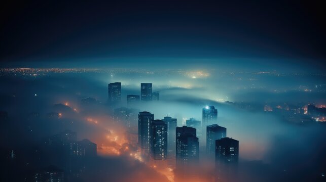 Foggy night with city lights and buildings - Powered by Adobe
