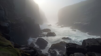 A rocky shoreline with a foggy sky