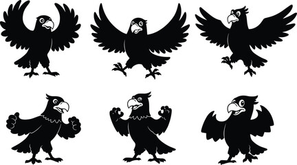 Six cartoon eagle silhouette vector illustration, black flying bird design, fierce predator animal art collection, wildlife mascot graphic set