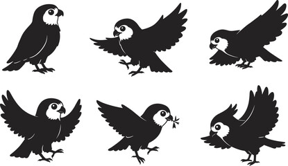Six cute parrot silhouette vector illustration, black tropical bird design, flying parrot art collection, exotic wildlife animal graphic set