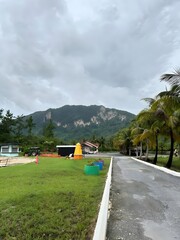Vast tropical landscape featuring a prominent mountain peak under an overcast sky, with a paved pathway leading through vibrant green grass and lush palm trees, offering a serene view