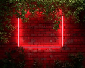 Red Brick Wall with Neon Square and Greenery